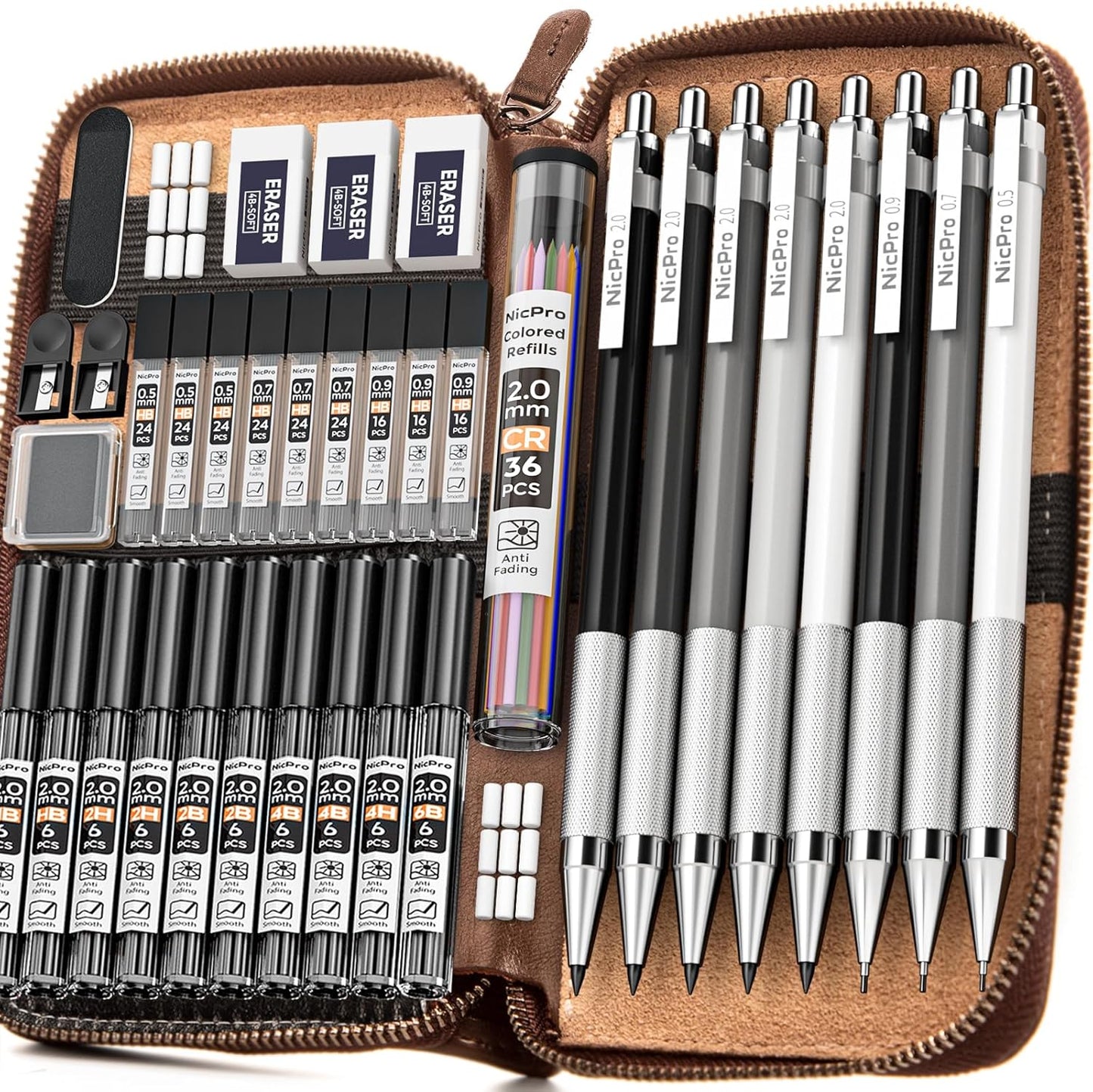 Nicpro 38PCS Art Mechanical Pencils Set in Leather Case, 3 PCS Metal Drafting Pencil 0.5, 0.7, 0.9 mm & 5 PCS 2mm Lead Holder (6B 4B 2B HB 2H 4H Colors) For Sketching Drawing With 20 Tube Lead Refills