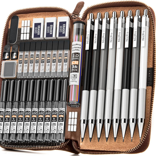 Nicpro 38PCS Art Mechanical Pencils Set in Leather Case, 3 PCS Metal Drafting Pencil 0.5, 0.7, 0.9 mm & 5 PCS 2mm Lead Holder (6B 4B 2B HB 2H 4H Colors) For Sketching Drawing With 20 Tube Lead Refills