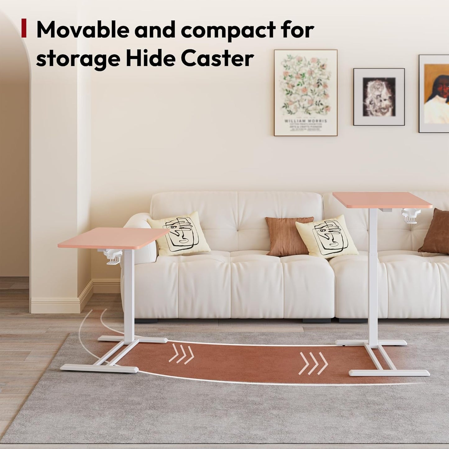 SANODESK Mobile Standing Desk with Hidden Wheels,Pneumatic Laptop Desk Rolling Computer Cart Movable Height Adjustable Small Sit Stand Desk for Home Office(27.6" W x 15.7" D, Pink)