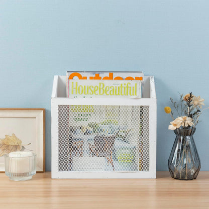 MyGift Rustic Magazine Holder Vintage White Wood and Chicken Wire Design Wall Mounted/Tabletop Mail Sorter, Farmhouse Home, Bathroom, Office Magazine Rack