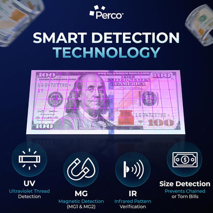 Perco Bill Counter and Counterfeit Detector Machine – Money Counter Machine with UV/MG1/MG2/IR, Voice Alerts, Keypad, Add & Batch Modes, Volume Control, Multi-Currency (USD/EUR/INR), LCD Display