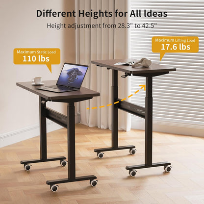 Mobile Standing Desk with Wheel, Pneumatic Height Adjustable Standing Desk for Walking Pad, Rolling Computer Workstation with 28.3"–42.5" Height, 31.5" x 15.7" Desktop for Home Office (Mahogany)