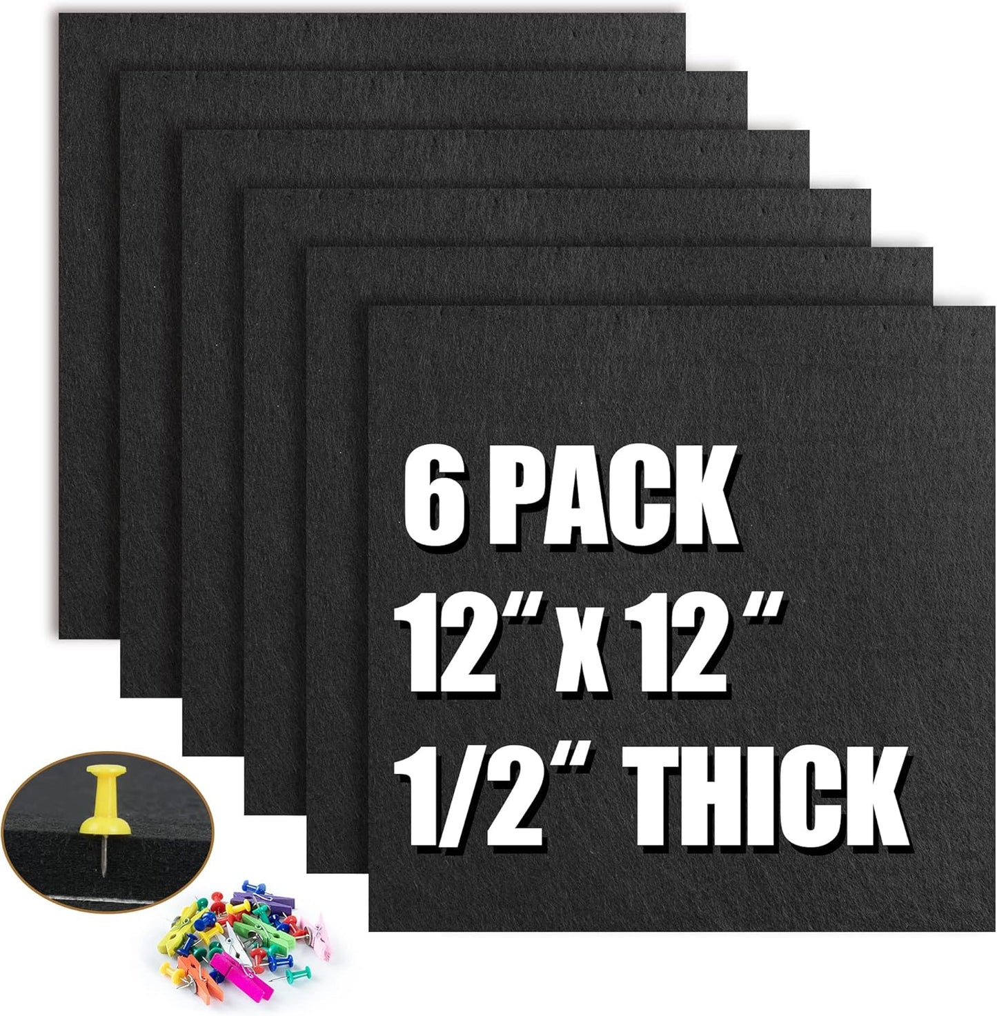 AKTOP Cork Board Bulletin Board 12x12, 1/2" Thick Felt Cork Board Tiles 6 Pack, Small Square Pin Board for Wall, Self Adhesive Corkboards with 60 Push Pin Wood Clips for School, Home & Office, Black