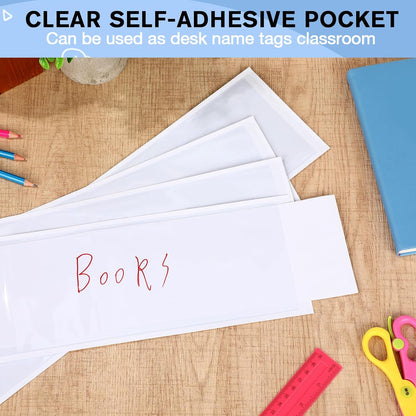 Outus 100 Pcs Clear Self Adhesive Pockets - Bin Labels for Storage Bins, Pocket Label Sleeves, Plastic Index Card Holder with Top Open for Organizing Bins Box Drawer(18 x 4 Inch)