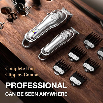 SUPRENT® PRO Professional Hair Clippers for Men- Hair Cutting Kit & Zero Gap T-Blade Trimmer Combo- Cordless Barber Clipper Set with LED Display for Mens Gifts (Silver)