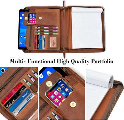 Full Grain Leather Business Portfolio Padfolio Document Organizer with Writing Pad Resume Professional Interview Zipper Writing Notepad Folder for Women Men Cognac