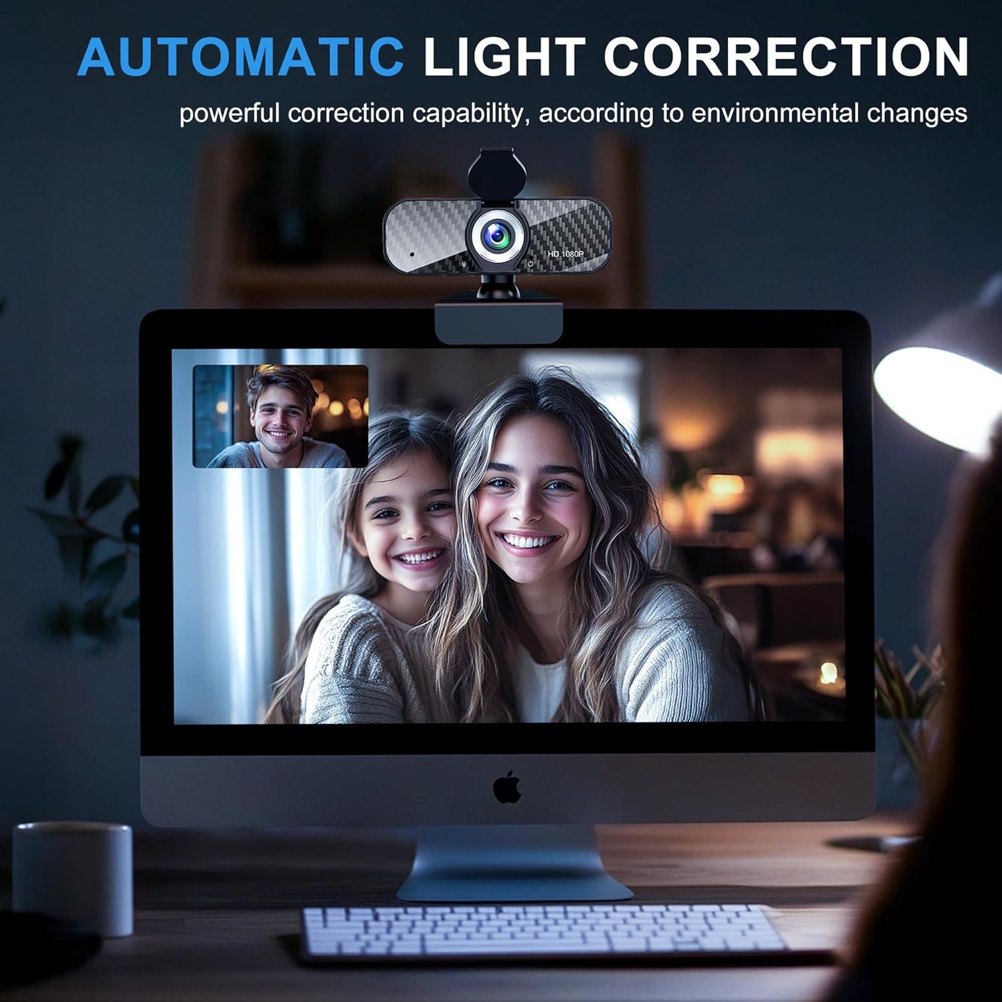 Webcam Full HD 1080P with Built-in Microphone and Rotatable Tripod, Carbon Fiber Board and Privacy Cover, Auto Light Correction, Adjustable FOV, Plug&Play for Zoom/Skype/Facetime/YouTube, Laptop/PC