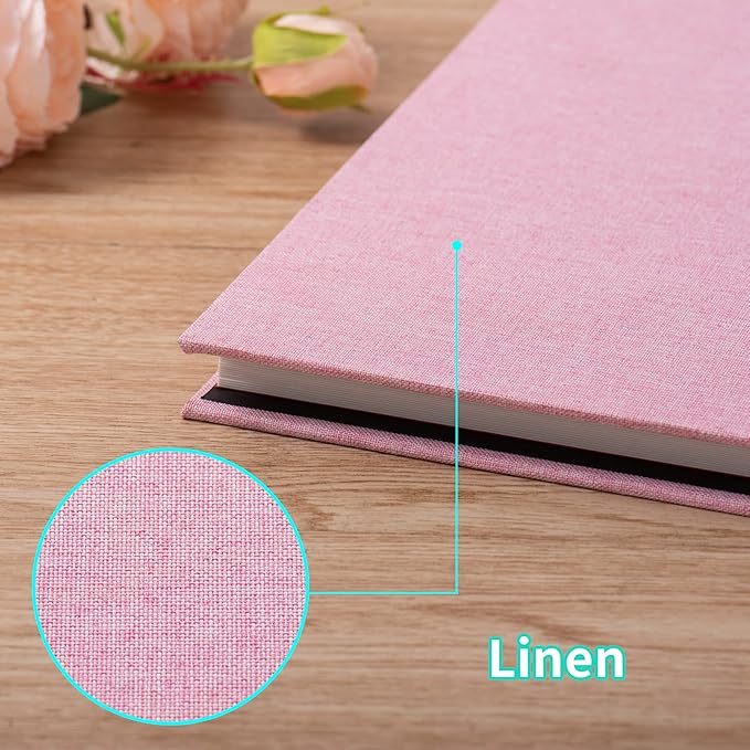 Large Photo Album Self Adhesive 4x6 8x10 10x12 13"x12.8" Magnetic Scrapbook Album 12.6"x11" Inch 60 Sticky Pages Linen Cover DIY Photo Album with A Metallic Pen and DIY Stickers(Pink)