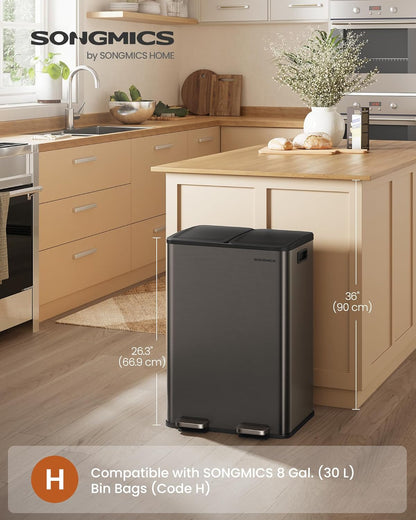 SONGMICS Trash Can, 2 x 8 Gallon (2 x 30 L) Dual-Compartment Garbage Can with Soft-Close Lid, Pedal and Inner Buckets, Stainless Steel, Includes 15 Liner Bags, Slate Gray ULTB741G01