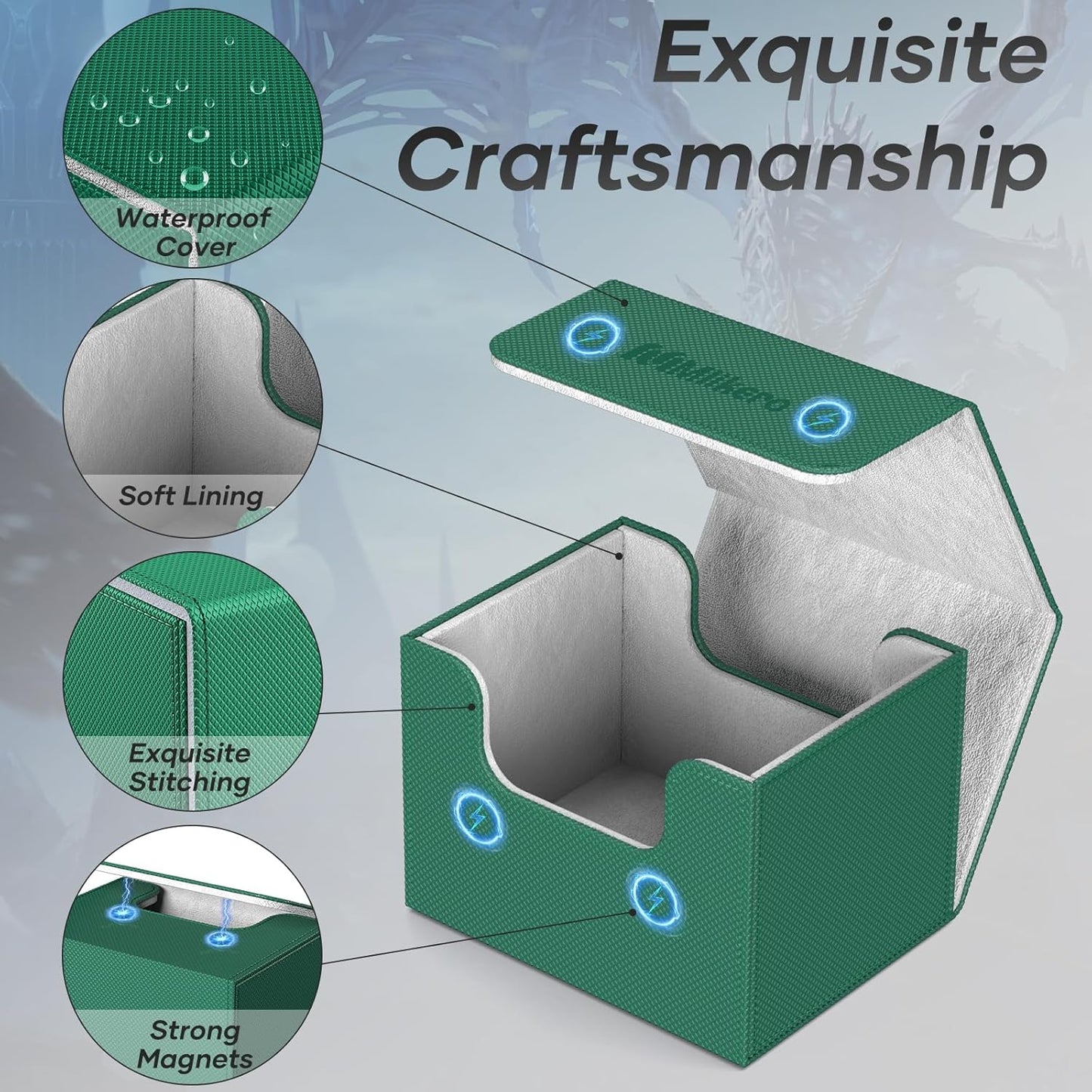 Mlikero Card Deck Box, Commander Deck Box Holds 100+ Double-Sleeved Cards with Divider, Leather Magnetic Closure Card Box Fit for MTG, TCG (Green)