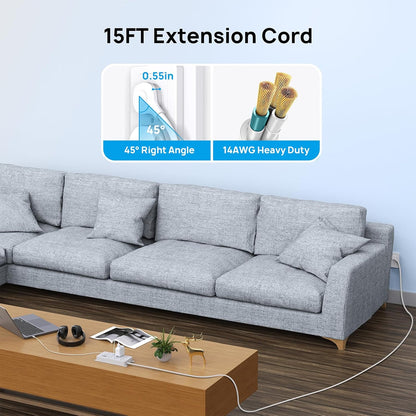 TROND Surge Protector Power Strip Flat Plug, 15ft Long Extension Cord, 7 Widely-Spaced Outlets with 2 USB-A & 1 USB-C, ETL Listed, 1700J, Wall Mountable, for Home Office Garage, White
