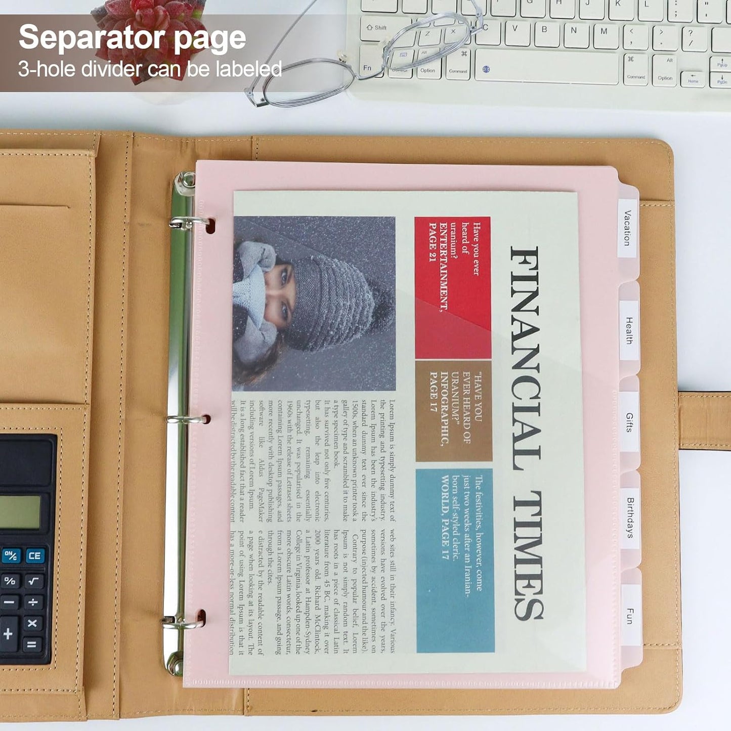 5 tab dividers for 3 Ring Binder with Pockets, Plastic Dividers with Clear Front Pocket, 5-tab Index Dividers with 3 Holes Punched for School & Office Supplies (Pink)