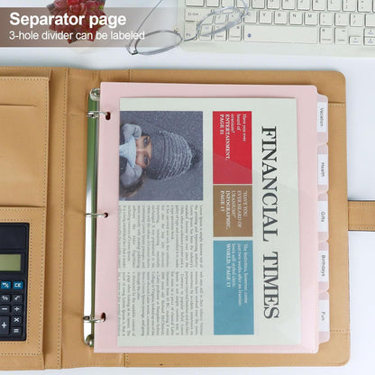 5 tab dividers for 3 Ring Binder with Pockets, Plastic Dividers with Clear Front Pocket, 5-tab Index Dividers with 3 Holes Punched for School & Office Supplies (Pink)