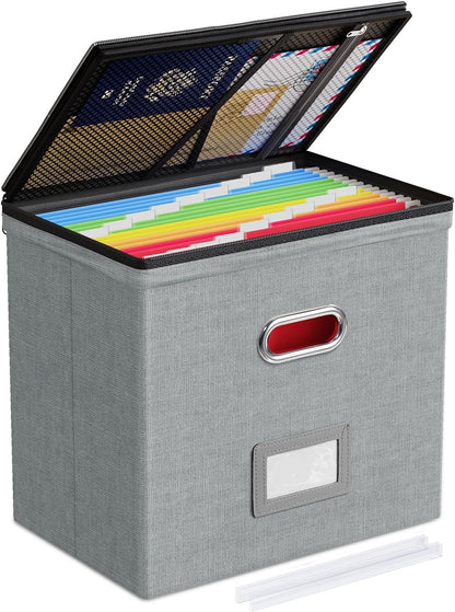 Oterri 1 Pack File Organizer Boxes with Lids, File Box with Mesh Pockets, Document Organizer Box for File Folders Letter Size, Zippers Filing Box for Home, Office, School (Grey, Without Folders)