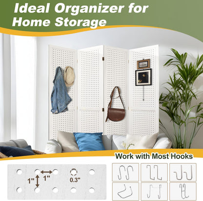 NicBex Room Divider 4 Panel Pegboard Display 5.6FT Wood PegBoard Room Dividers, Folding Privacy Screens Portable Display Board Wall Divider for Craft/Art Shows, Room Separation, White
