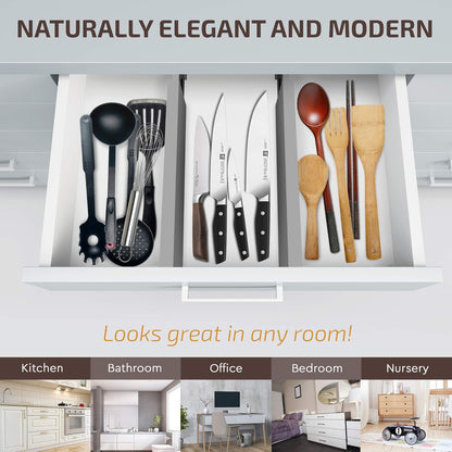 4 Pack Drawer Dividers Bamboo 2.6" High, 16-22" Adjustable Drawer Organizers for Clothes, Expandable Dresser Separators in Bedroom/Bathroom/Kitchen/Office Organization and Storage (Grey)