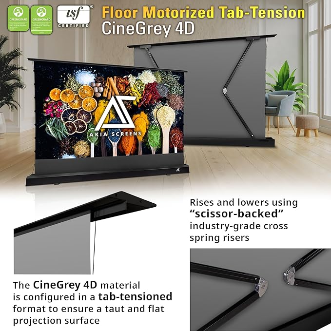 Akia Screens 101 inch Floor Rising Projector Screen Motorized with Remote, ALR Projector Screen Ambient Light Rejecting Movie Screen for Standard Throw Projection Indoor, CineGrey 4D AK-FMT101UH2-C4D