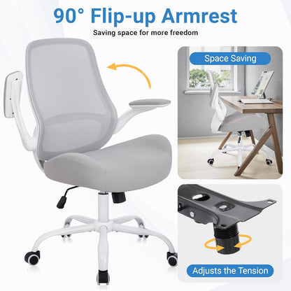 HYLONE Heavy Duty Office Chair, 5" Thickened Seat Ergonomic Desk Chair with Adjustable Armrests, Home Office Computer Chairs for Long Hours Mesh Executive Chair(White Base & Grey)