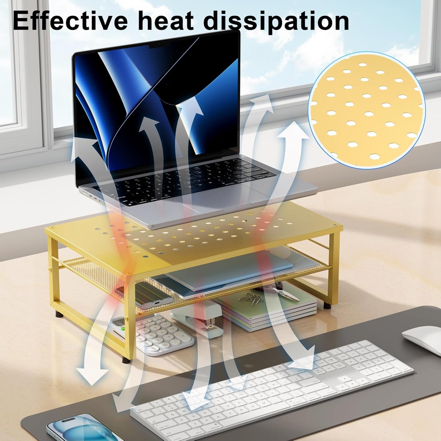 gianotter 2-Tier Metal Monitor Stand Riser, Desk Organizer for Monitor, Office Desk Storage Organizer for Office Supplies (Gold)