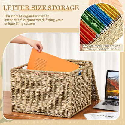 Seagrass File Box Organizers Collapsible Letter/legal Size Filing Cabinet with Lid Portable Decorative Document File Storage Box for Office/decor/home, Natural