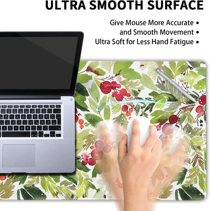 Watercolor Holly Christmas Gaming Mouse Pad XL Green Leaves Red Berry Xmas Extended Large Mat Mousepad Desk Pad Rubber Base Stitched Edge Winter Holiday Long Keyboard Pad for Computer,31.5×11.8 Inch