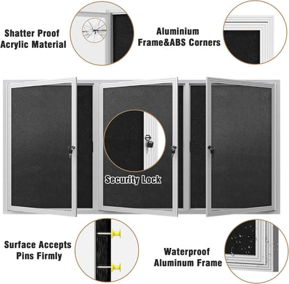 70"x34" Enclosed Bulletin Board, Outdoor Lockable Weather-Resistant Aluminum Cork Noticeboard for School & Office, Silver Frame w/Black Flet