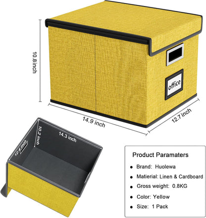 Huolewa Collapsible File Storage Organizer Box with Lid, Linen Document Storage Organization, Universal Hanging Filing Box for Letter/Legal Folder, Decorative Office/Home File Bins - yellow, box only