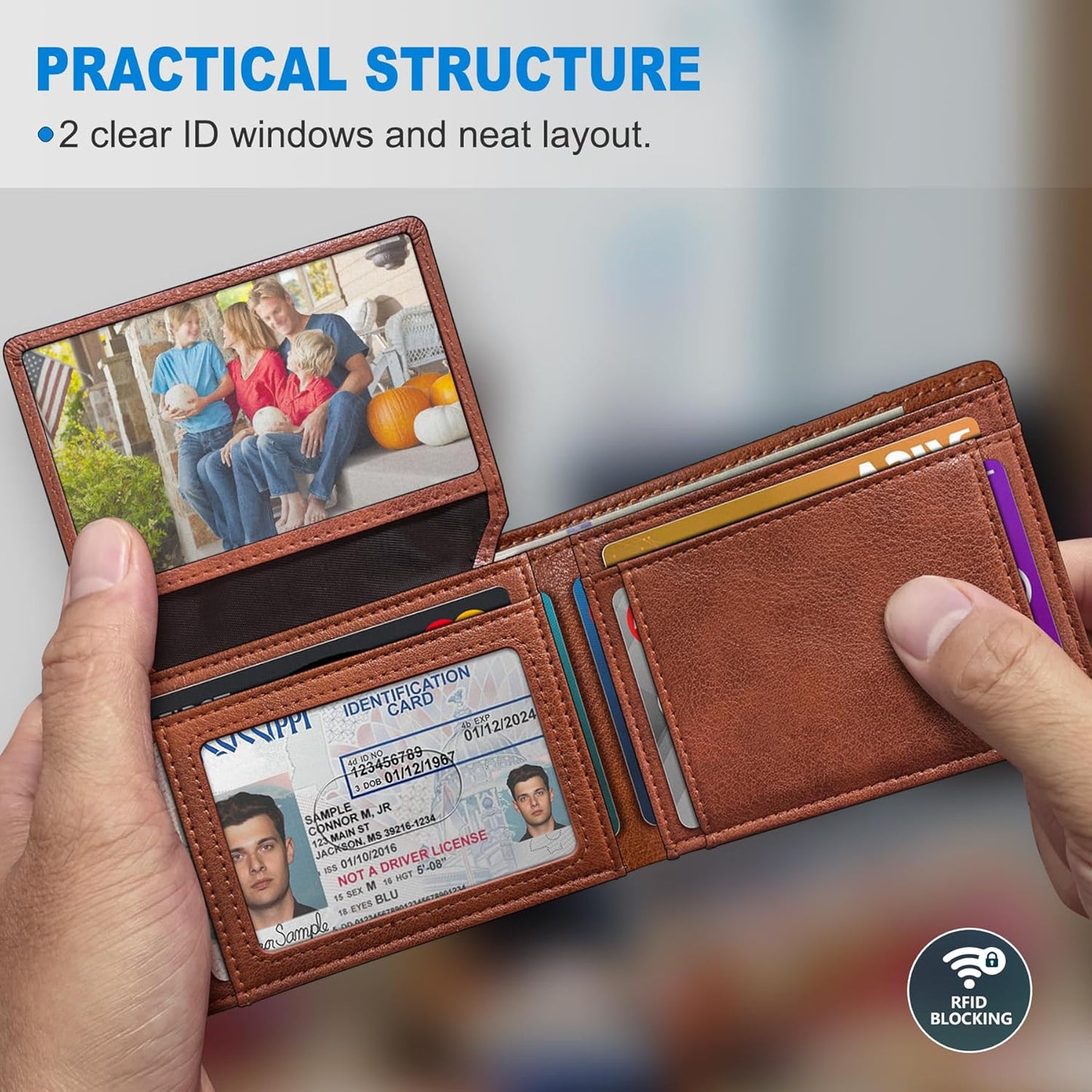 Wallet for Men Wallet with Cash Pocket 2 ID Window 13 Cards,Slim Leather Wallet Front Pocket Card Holder RFID Blocking with Gift Box