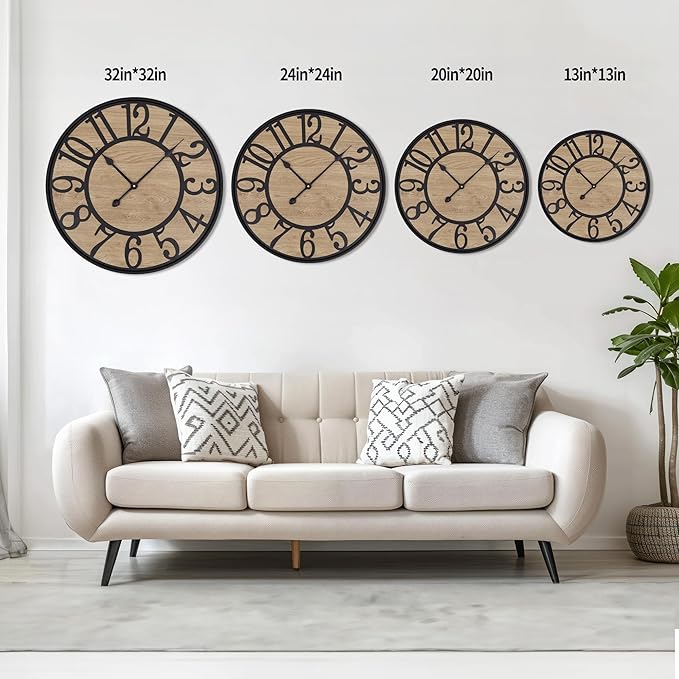 Maxstar Wall Clock for Living Room,Metal & Wood Silent Rustic Farmhouse with Arabic Numeral, Battery Operated Wall Clocks Decorative for Bedroom Office Home Decor 13inch Black