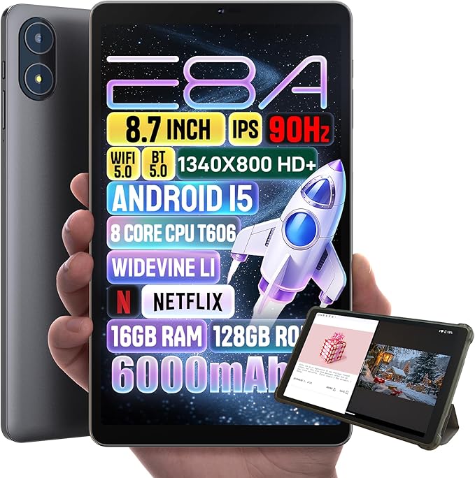 Android 15 Tablet 8.7 inch, Octa Core, 16GB RAM, 128GB ROM, 1TB Expandable, 8.7" HD IPS 1340x800, 5MP+8MP Camera, 5G WiFi+BT5.0+GPS, Type-C, with Headphone Jack, Leather Case Included