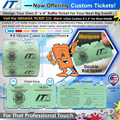 INDIANA TICKET CO. 1000 Custom Marquee 2"x 4" Double Roll Raffle Tickets– Add Your Events Logo/Text, Event Tickets, Fundraiser, Classroom Rewards, Entry, Prize Tickets, Carnival, (8 Colors Selection)