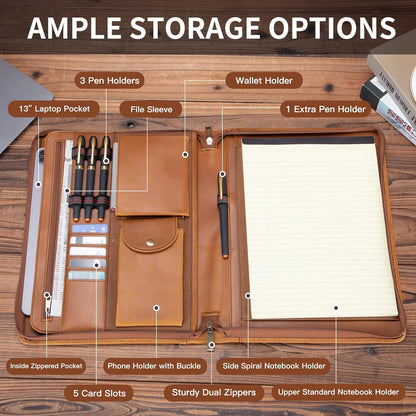 Genuine Leather Portfolio with Front Pocket for Men and Women, Zippered Padfolio Binder 8.5 x 11 Legal Pad Notebook Holder, Fits 13” Laptop, Professional Work File Case, Brown