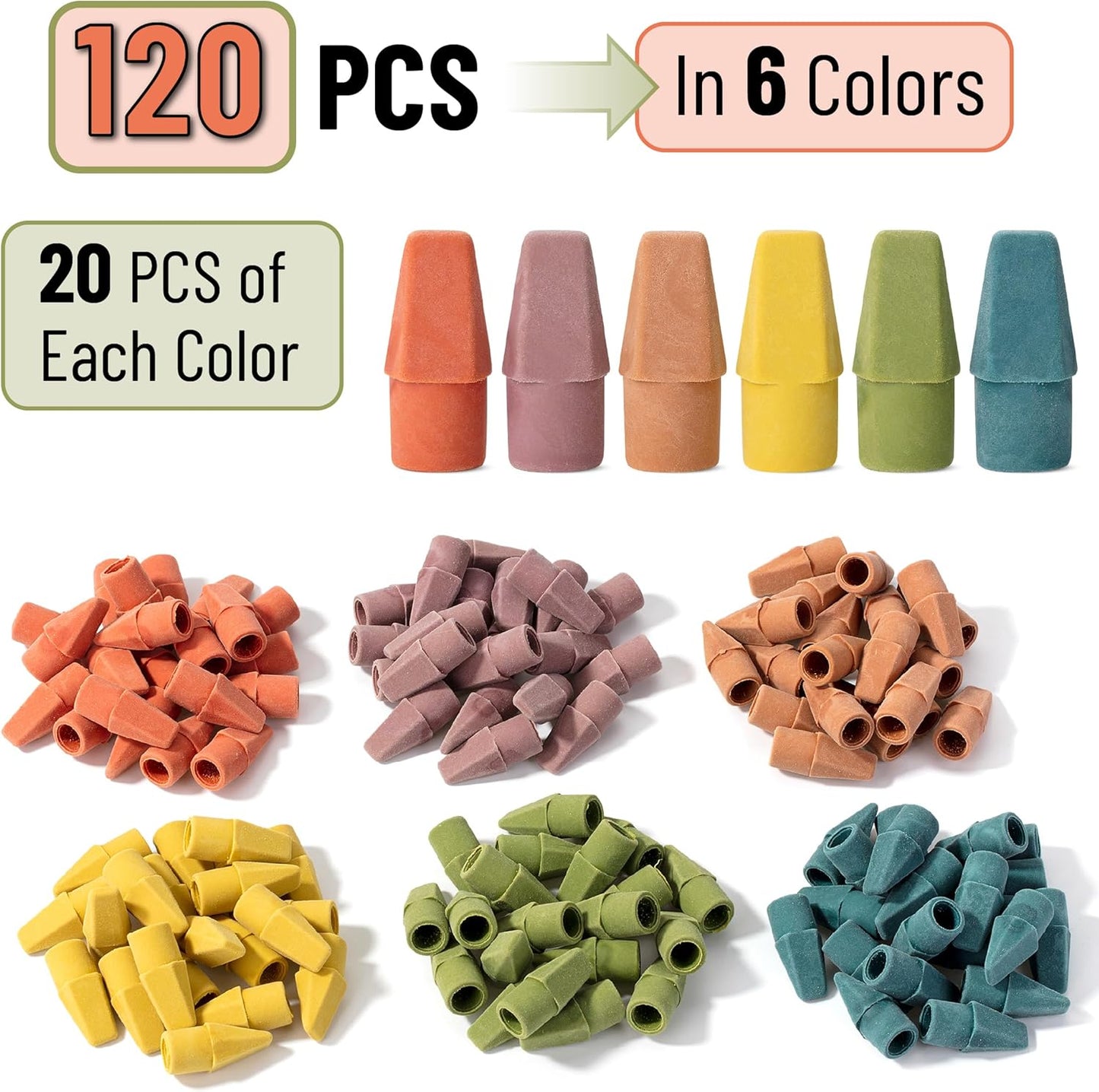 Mr. Pen- Pencil Top Erasers, 120 Pack, Folk Festival Colors, Latex-Free & No Smudge Pencil Eraser Tops