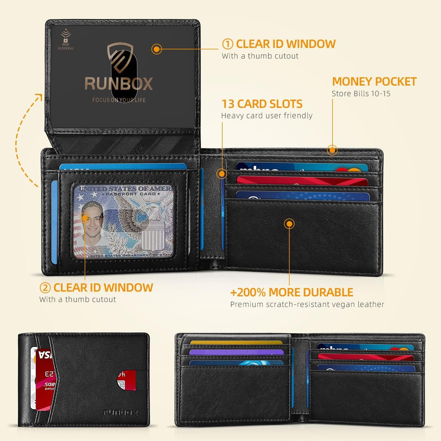 RUNBOX Wallet for Men Slim Rfid Leather 2 ID Window With Gift Box