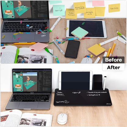 Varhomax Desktop Whiteboard with Storage, Desk Organizer Dry Erase Glass White Board to-do List Memo Notepad for Home Office and School Supplies (Black)