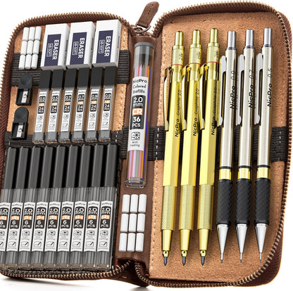 Nicpro 30PCS Art Mechanical Pencils Set in Leather Case, Gold Metal Drafting Pencil 0.5, 0.7, 0.9 mm, 2mm Lead Pencil Holder for Sketching Drawing With 16 Tube (6b 4B 2B HB 2H 4H Colors) Lead Refill