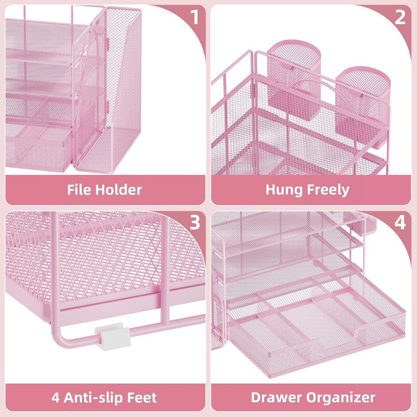 Marbrasse Desk Organizer and Accessories，4-Tier Paper Letter Tray Organizer with File Holder, Workspace Desk Organizers Accessories with Drawer and 2 Pen Holder (Pink, 15.4" x 9.1" x 8.3")