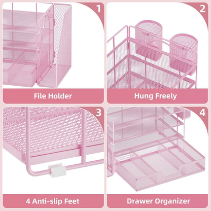 Marbrasse Desk Organizer and Accessories，4-Tier Paper Letter Tray Organizer with File Holder, Workspace Desk Organizers Accessories with Drawer and 2 Pen Holder (Pink, 15.4" x 9.1" x 8.3")