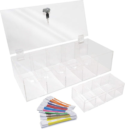 Clear Locking Currency Tray, 5 Compartment Cash Organizer Money Storage Box with Lockable Cover and Coin Tray Insert, 300 Currency Wrappers Included