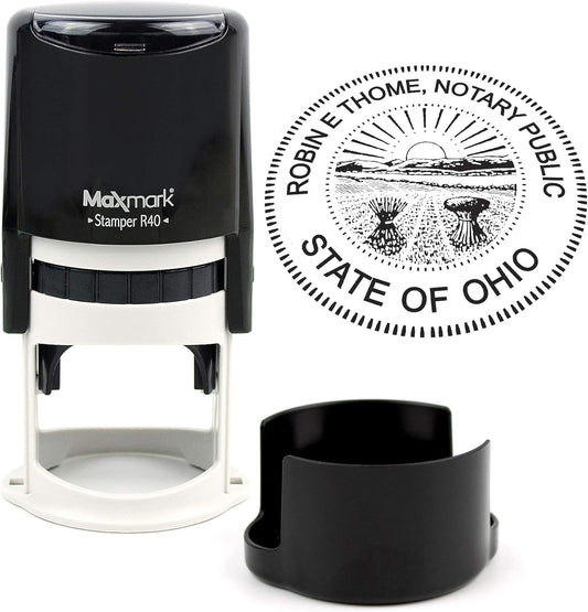 Round Notary Stamp for State of Ohio- Self Inking Stamp - Top Brand Unit with Bottom Locking Cover for Longer Lasting Stamp - 5 Year Warranty