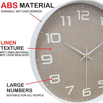 Modern Wall Clocks Battery Operated, 12 inch Silent Non Ticking Analog Clock with Large Numbers Burlap Texture Face, Tempered Glass Decorative Wall Clocks for Living Room Bedroom Kitchen Gym