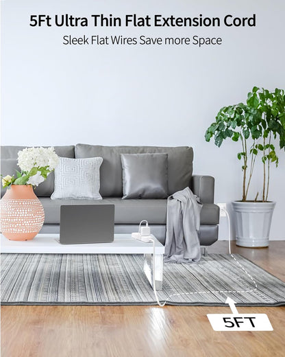 Power Strip Surge Protector with 5 AC Outlets(1875W/15A) 4 USB Ports (2 USB C), 5 Ft Ultra Thin Extension Cord, Low Profile Flat Plug, 1700 Joules, Wall Mount for Home Office, White