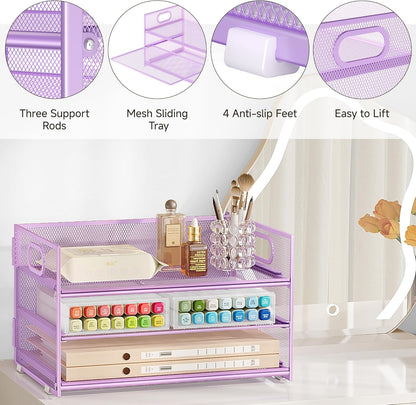 Subekyu 3 Tier Letter Tray Paper Organizer with Handle and 1 PC Sliding Tray, Purple Metal Mesh Desk File Folder Paper Sorter Organizer for Home Office School Desk Supplies Organization Storage