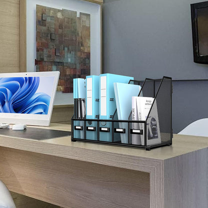 SUPEASY Desk Organizers Metal Desk Magazine File Holder with 16''x12''x12'' 5 Vertical Compartments Rack File Organizer for Office Desktop, Home Workspace, Black Plus