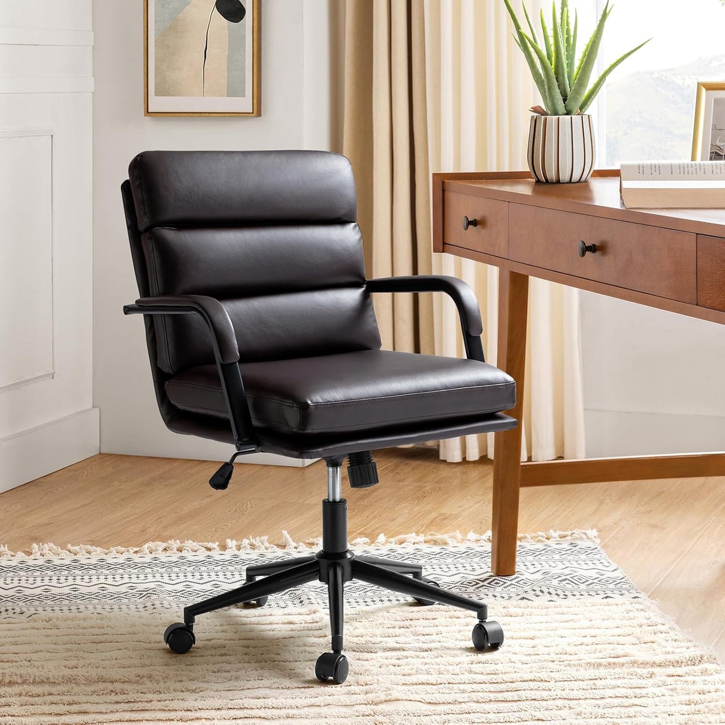 HULALA HOME Modern Faux Leather Home Office Chair with Tilt Lock & Metal Base, Desk Chair with Wheels & Padded Cushion, 360° Swivel Wide Seat Computer Task Chair, Brown