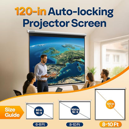 VIVOHOME 120 Inch 1:1 Pull Down Projector Screen, HD 4K Retractable Movie Screen for Indoor Home Theater and Office, Manual Projection Screen with Auto Locking (84Wx84H Inch Display Area)
