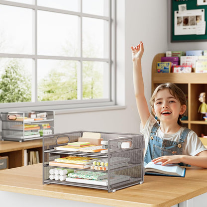 Subekyu 2-Pack 3-Tier Silver Metal Mesh Desk Paper Letter Tray & File Sorter Organizer with Handle + 1 Sliding Tray for Desk, Home, Office, School Supplies, A4 Paper and Accessories Storage