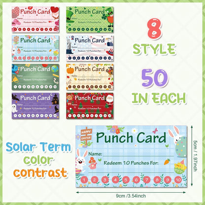Fumete 400 Pcs Punch Cards for Classroom Reward Cards Behavior Incentive Loyalty Awards for Kids Students Teachers School Business, 8 Styles, 3.5 x 2 in(10 Holiday Punches Style)