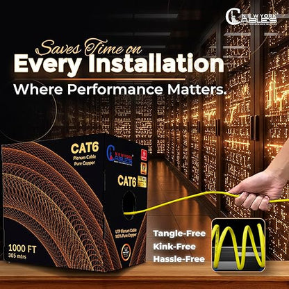 NewYork Cables | CAT6 Plenum Cable 1000ft UL/ETL Listed, 100% Pure Copper, UTP, 550MHz, 23AWG, 4Pair 10GB Ethernet Cable | Certified CMP-Rated Fire-Resistant (1000ft, Pure Copper UL Listed, Yellow)