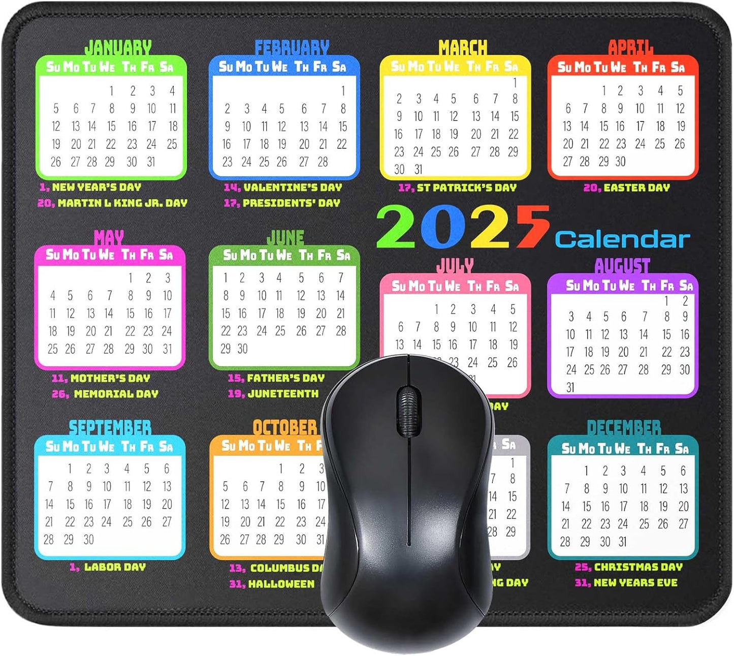 Calendar Mouse Pad 9.5 X 7.8 in, Mouse Pads with Stitched Edges and Non-Slip Rubber Base, Home Office Desk Decor Accessories for Computer Laptop Work Gaming (White 2025 with Holidays)